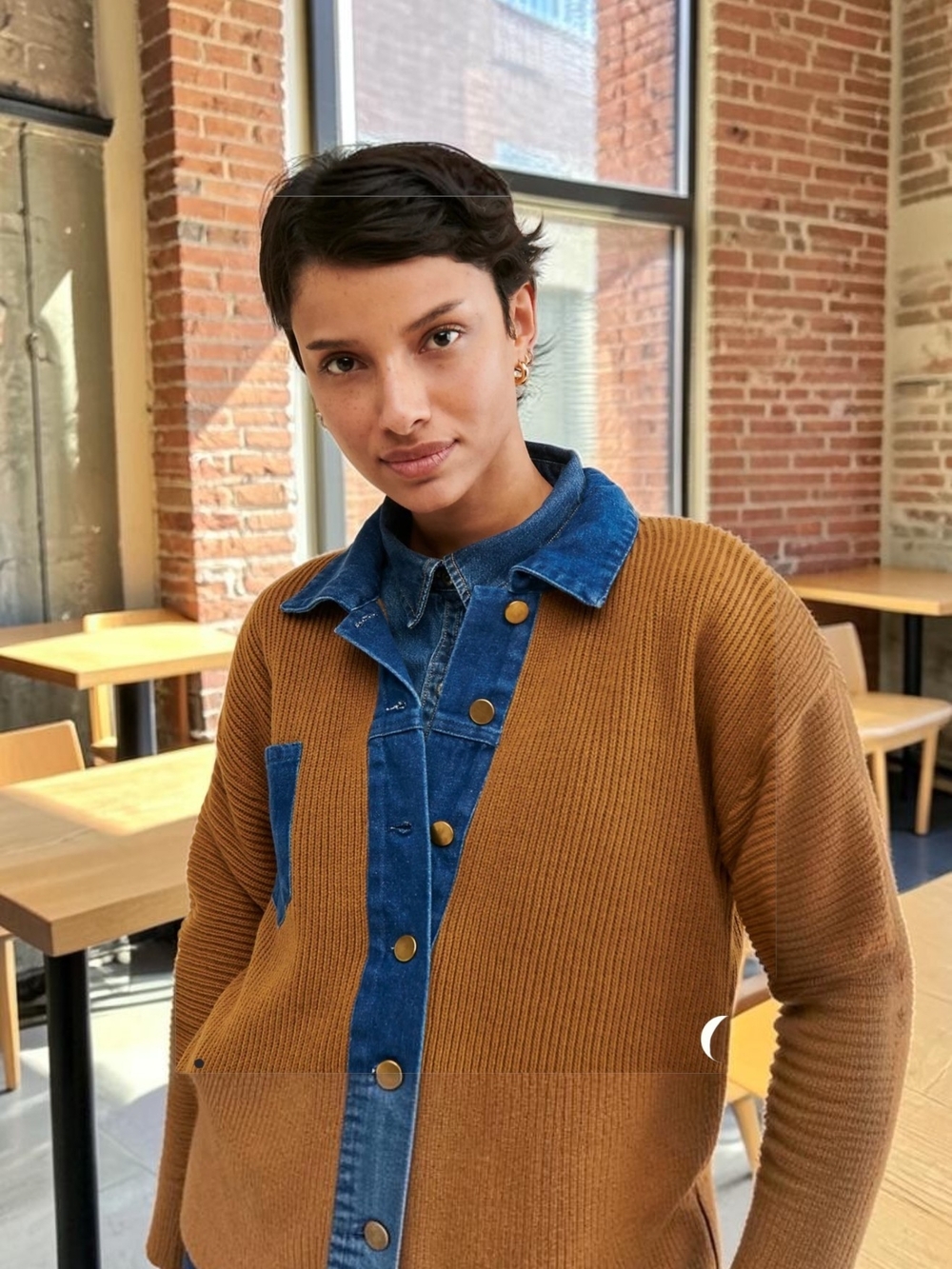 Anthropologie Two-Tone Denim-Trim Ribbed Jacket in Camel and Blue